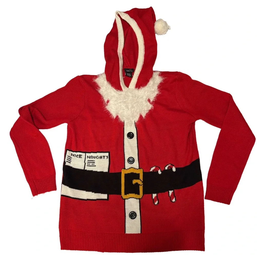 Rue21 Santa Claus Ugly Christmas Sweater Hoodie | Size Medium